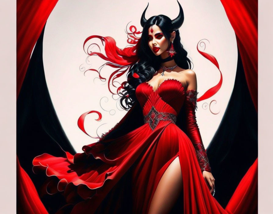 Illustration of woman with red hair and dress, devilish horns, mystical aura