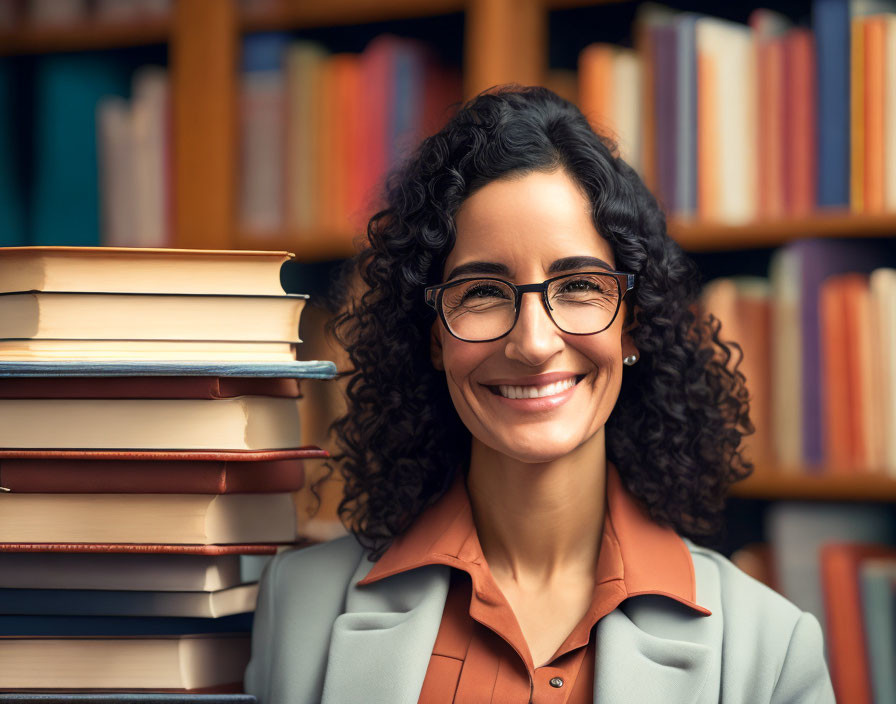 Curly-Haired Woman Smiling by Bookshelf with Books