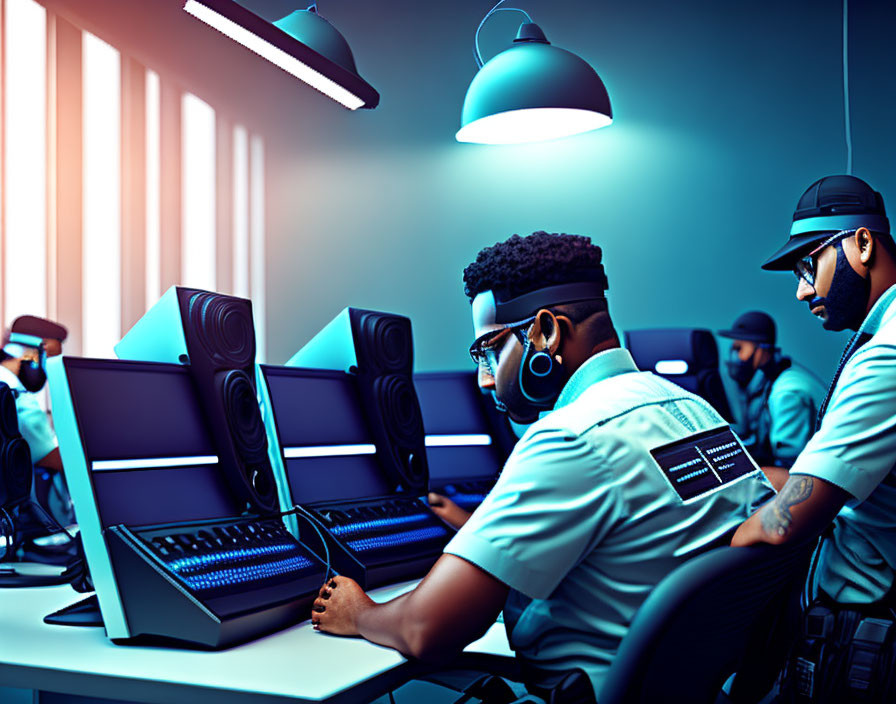 Focused individuals working at computer workstations under blue ambient lighting