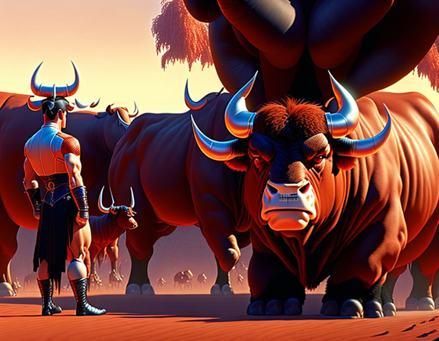 Humanoid Bull Figure Stands Among Enormous Bulls in Desert Scene