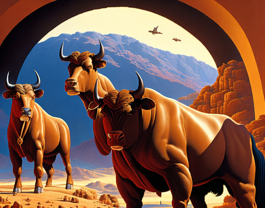 Muscular bulls in desert landscape with red rock formations and aircraft in sky