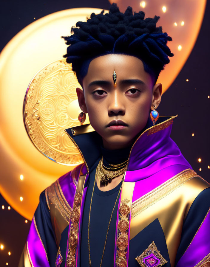 Styled black hair, adorned forehead, purple regal attire, moon and stars background.