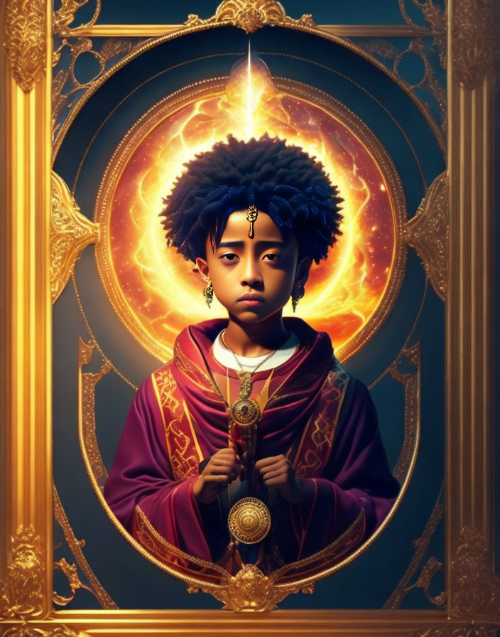 Young individual with afro in purple robe holding medallion in ornate golden frame.