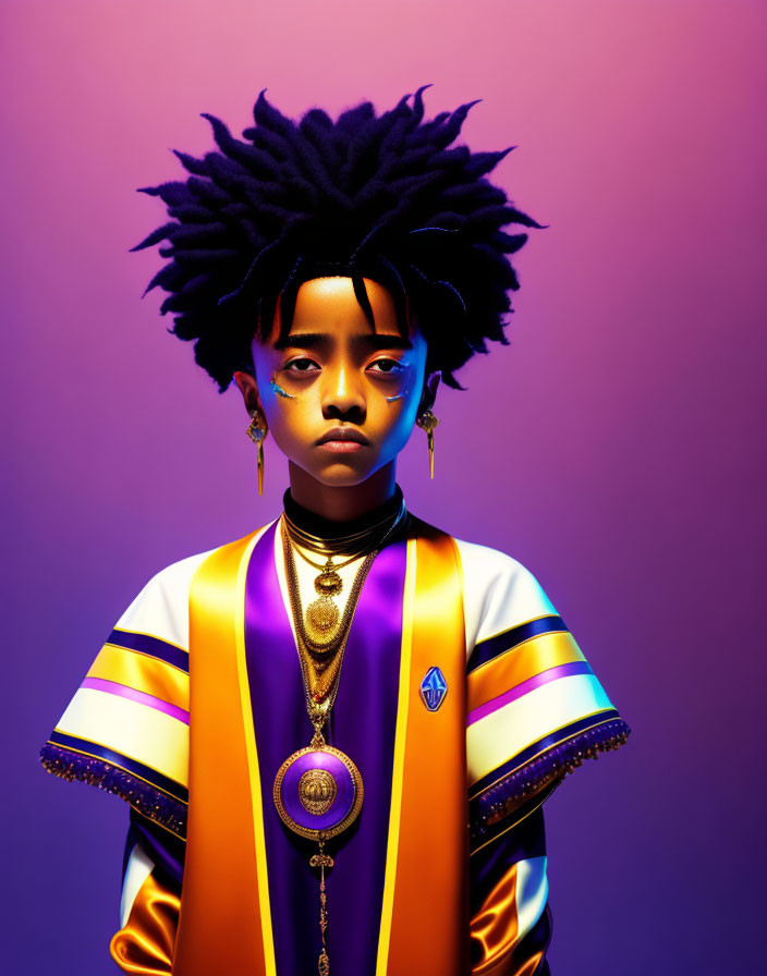 Portrait of a person with afro hairstyle, colorful outfit, and medals on purple background