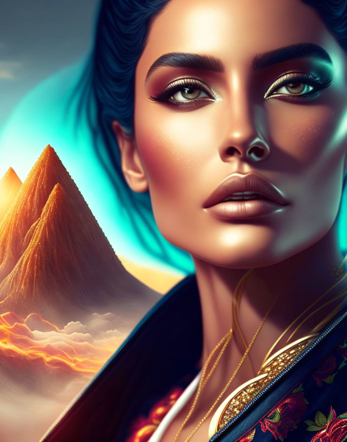 Detailed digital portrait: woman with striking makeup, intricate clothing, mountains, sunset sky.