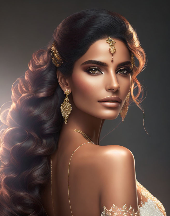 Detailed illustration of woman with voluminous wavy hair, ornate gold jewelry, and bold makeup.