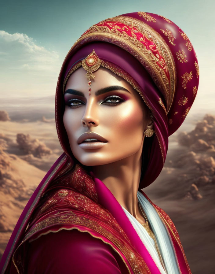 Woman with striking makeup in red and gold turban against desert backdrop