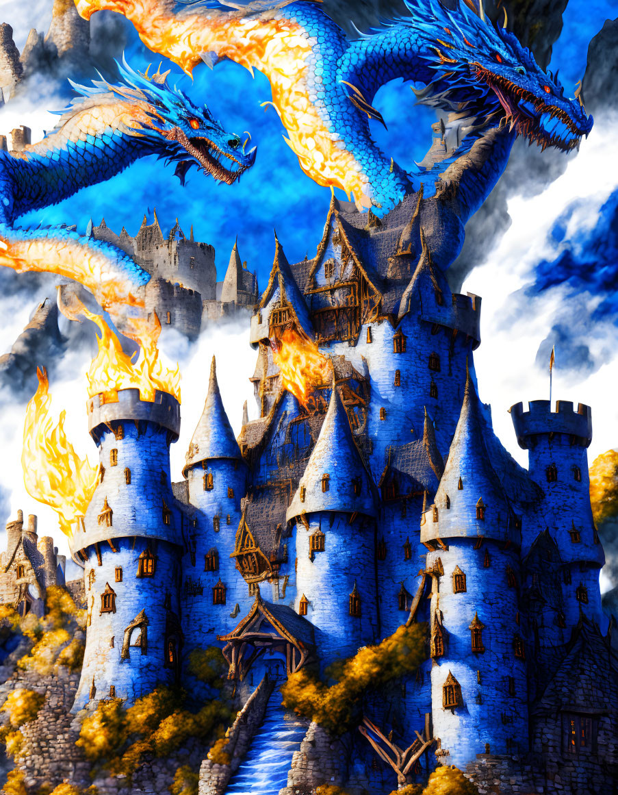 Fiery blue dragon attacking medieval castle under dramatic sky