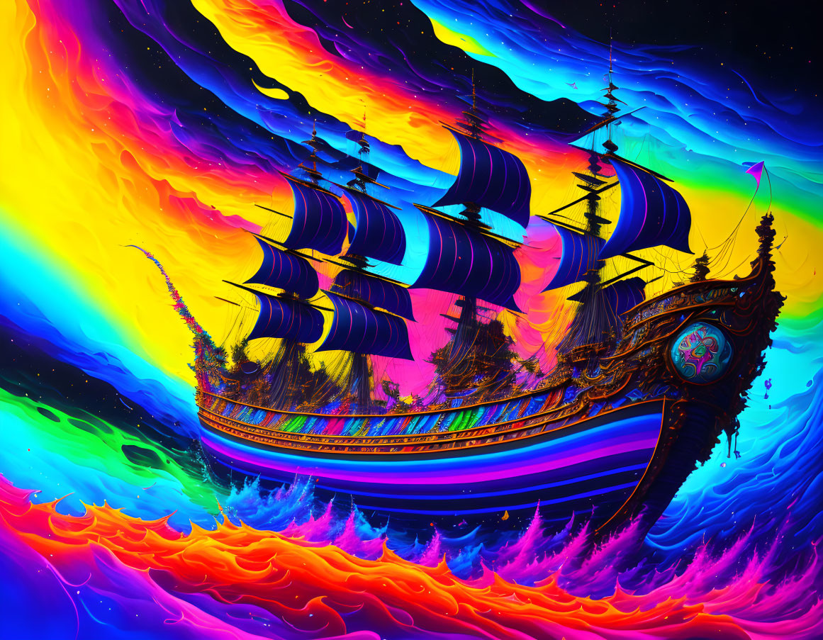 Colorful Sail Ship on Psychedelic Sea with Rainbow Sky