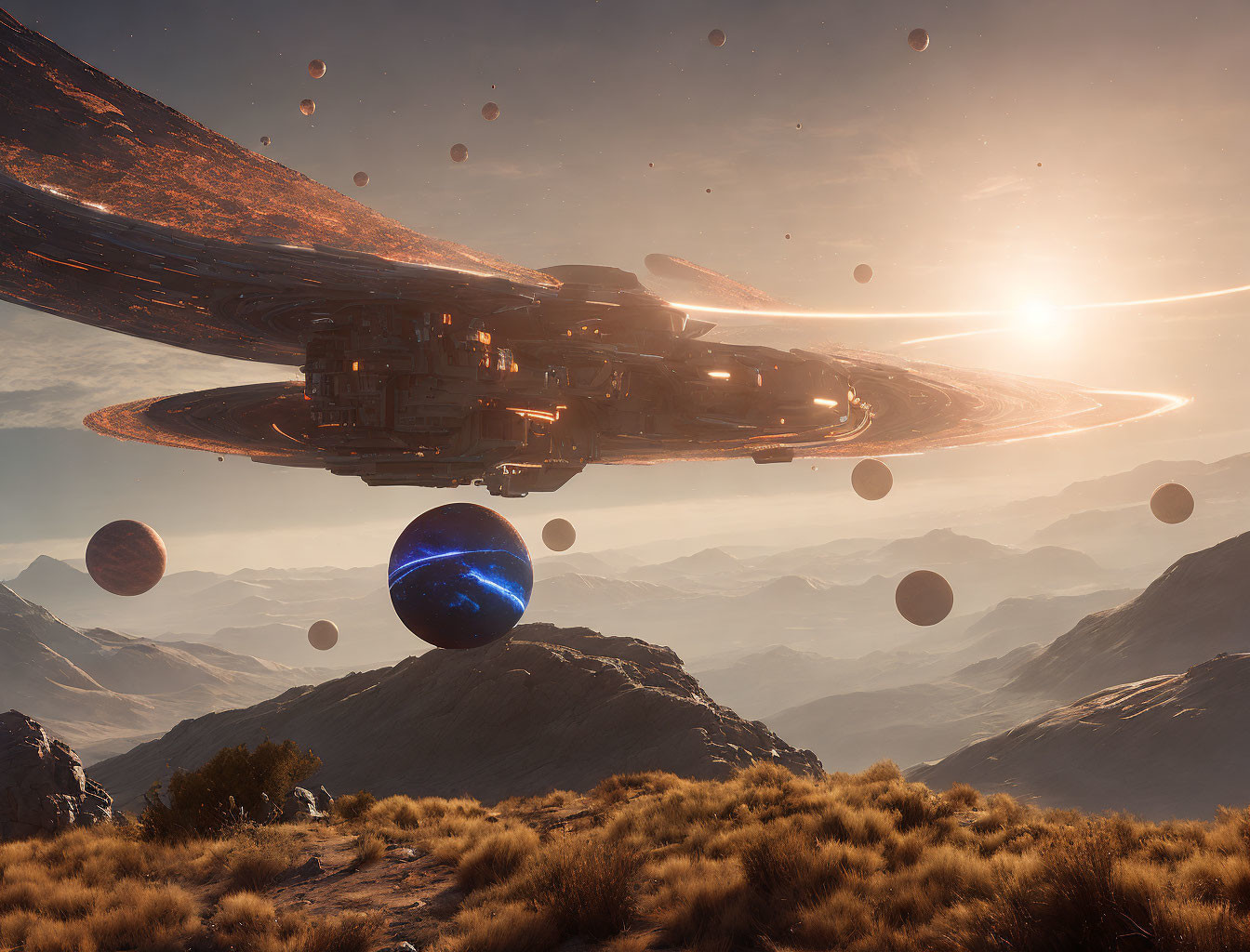 Desert landscape with floating rocks and futuristic spaceship