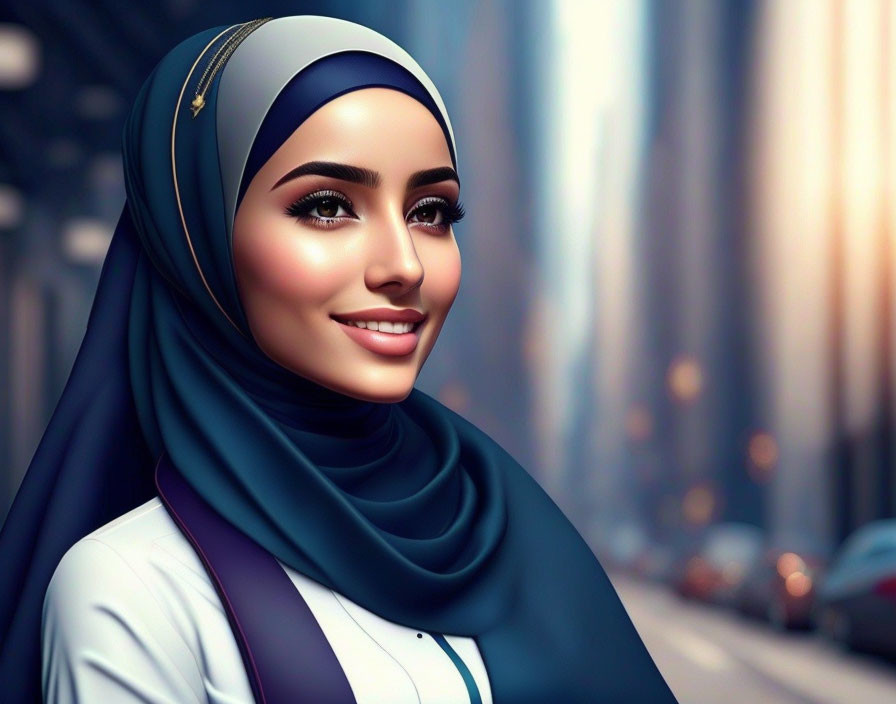 Smiling woman in hijab with blurred cityscape illustration