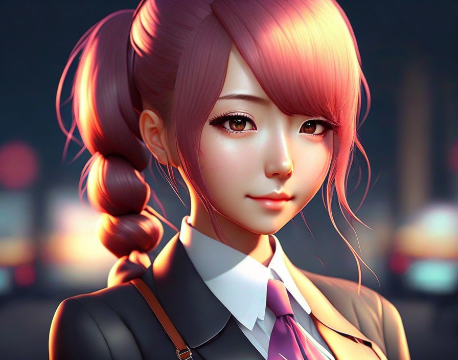 Digital artwork: Girl with pink hair in school uniform against twilight city.