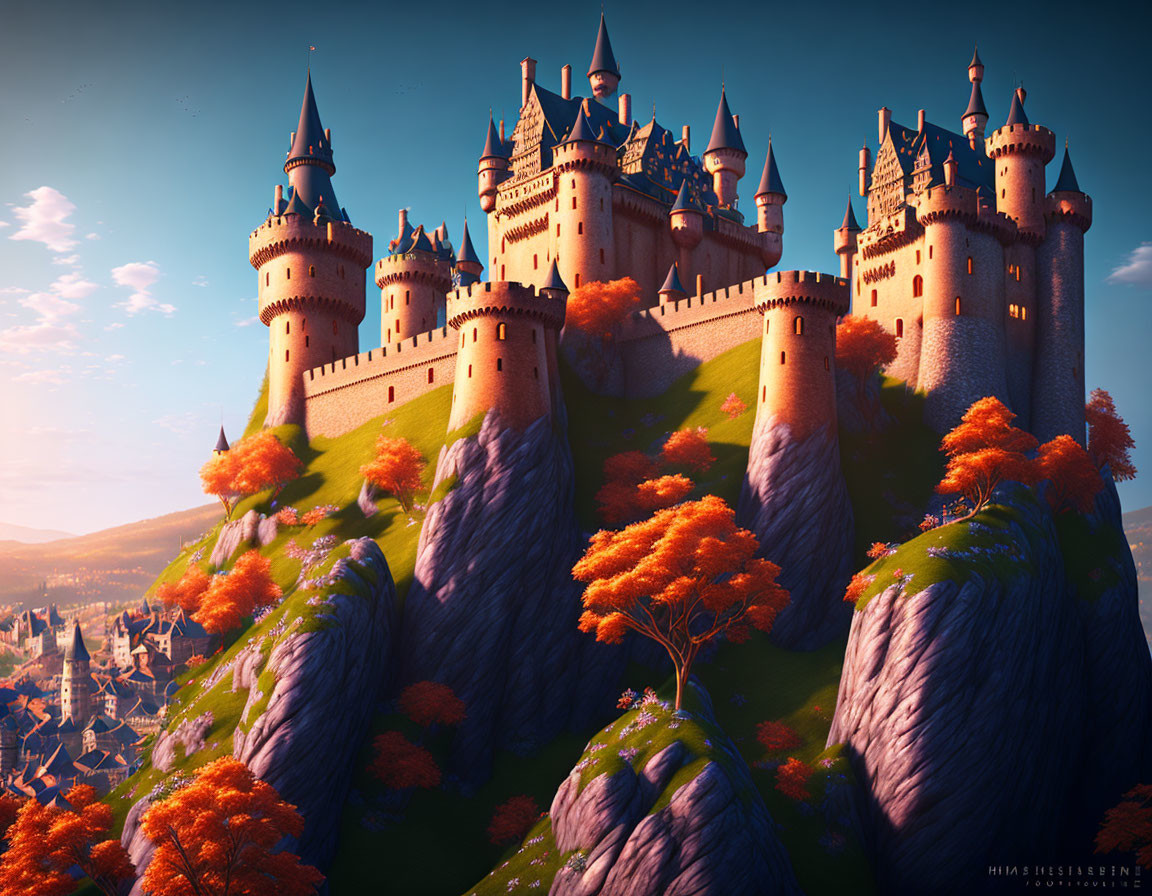 Majestic fantasy castle on rugged cliffs amid autumn trees