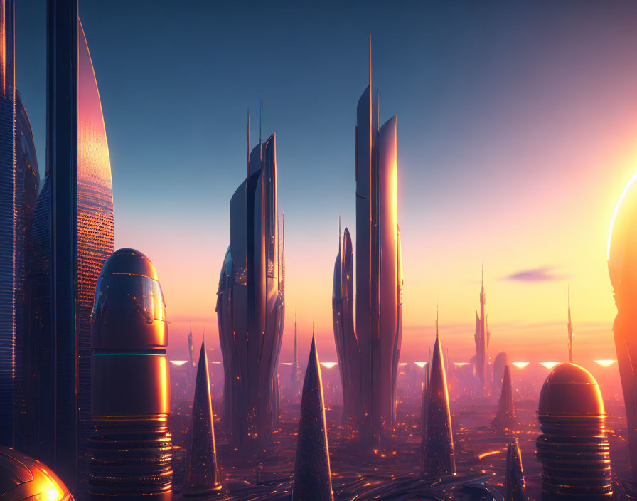 Illuminated futuristic city skyline at sunset