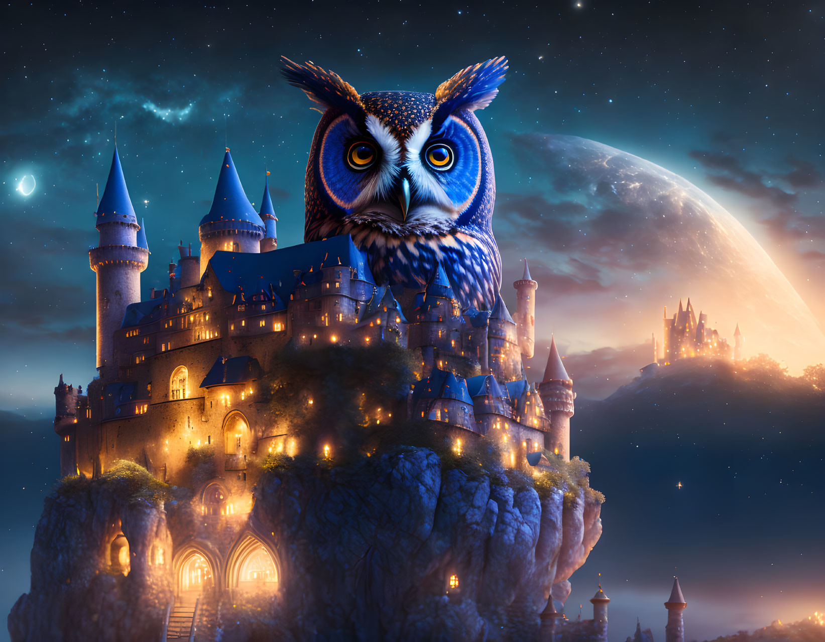 Majestic owl and fairy-tale castle in moonlit night