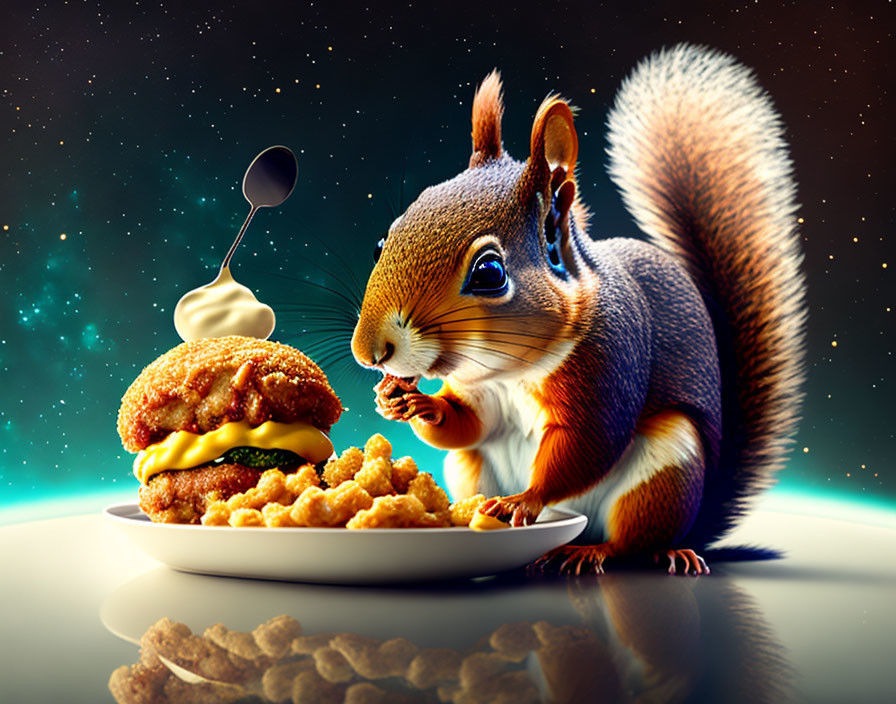 Whimsical squirrel eating cheeseburger and tater tots under starry sky