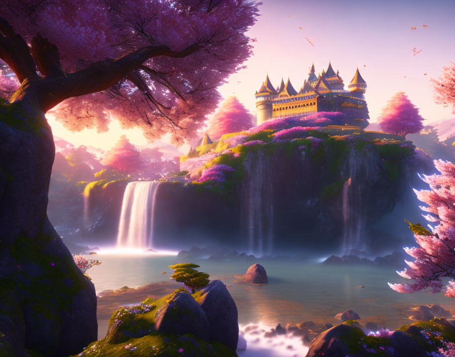 Enchanting fairytale castle by a waterfall with cherry blossoms