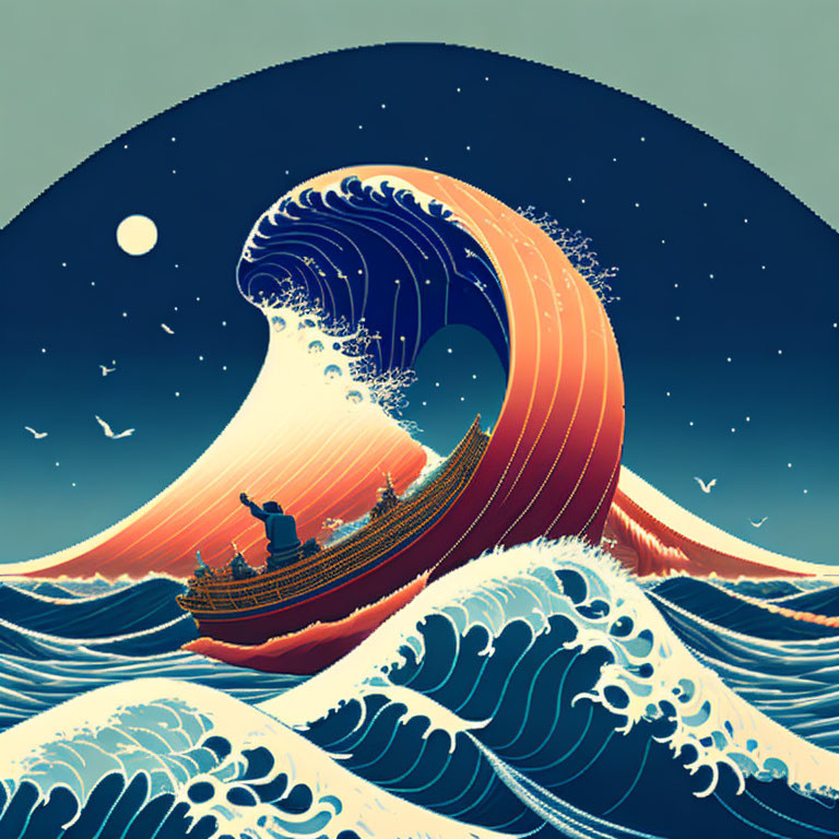 Illustration of large wave with boat and passengers under starry night sky