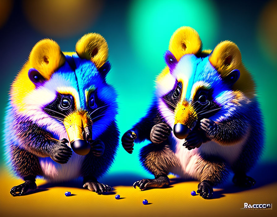 Colorful Raccoon-Like Creatures with Yellow and Blue Fur on Vibrant Background