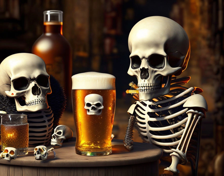 Skeletons drinking beer in eerie bar setting