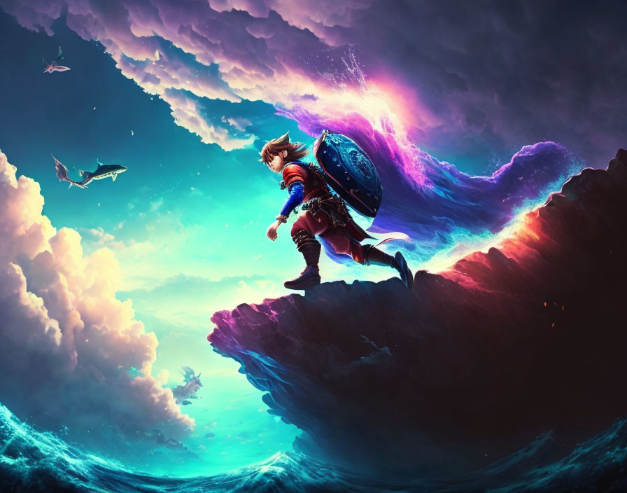 Heroic figure with shield leaps in colorful, fantastical sky with floating islands and manta rays