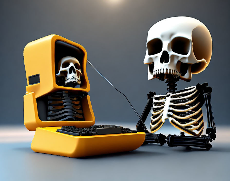 Skeleton at desk with skull computer in dimly lit room