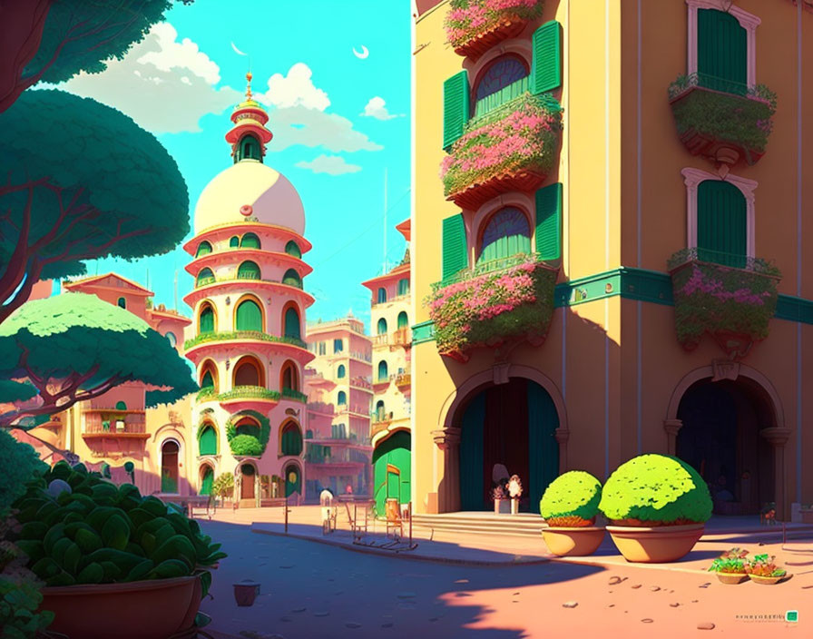 Vibrant street scene illustration with pastel buildings, greenery, and grand dome.