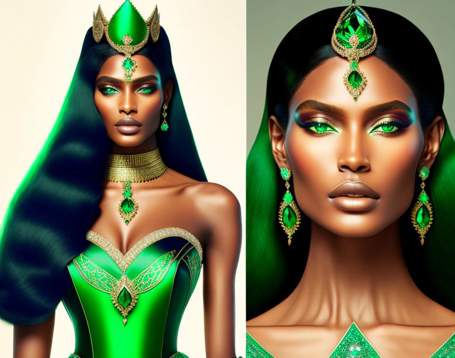 Woman with Green Jewels and Elaborate Headpiece in Digital Art