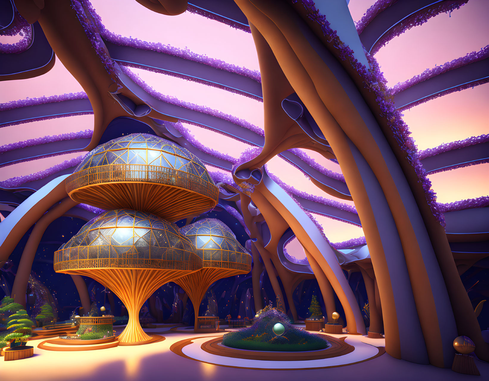 Futuristic indoor arboretum with illuminated tree-like structures