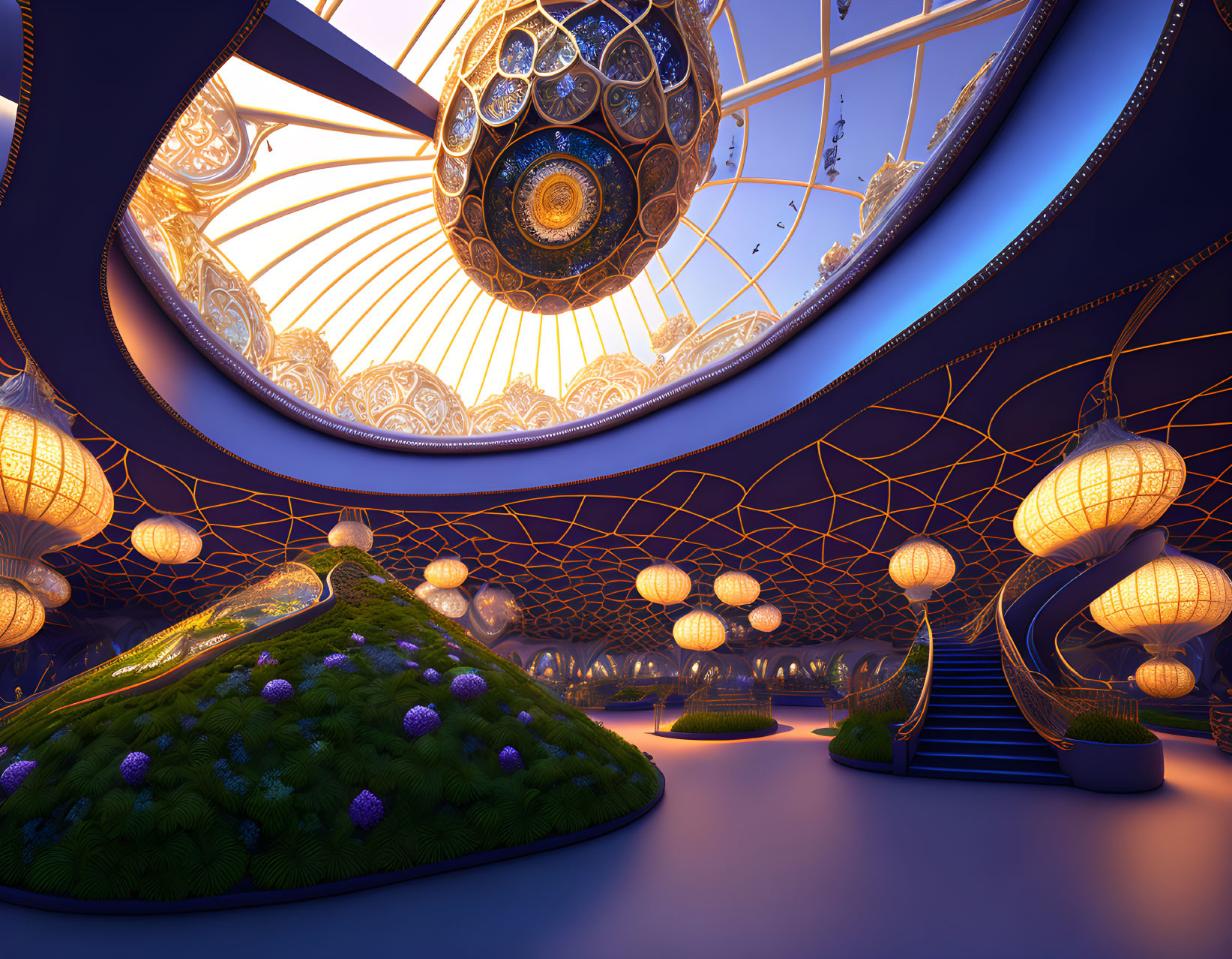 Futuristic interior with glowing lanterns, glass dome, and green island