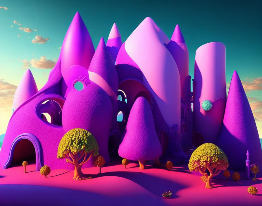 Fantasy illustration of whimsical purple castle in pastel sky