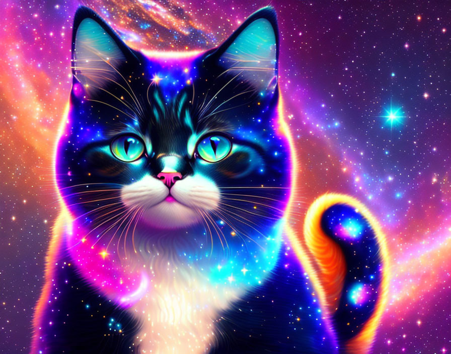 Colorful Cat Artwork with Cosmic Galaxy Overlay