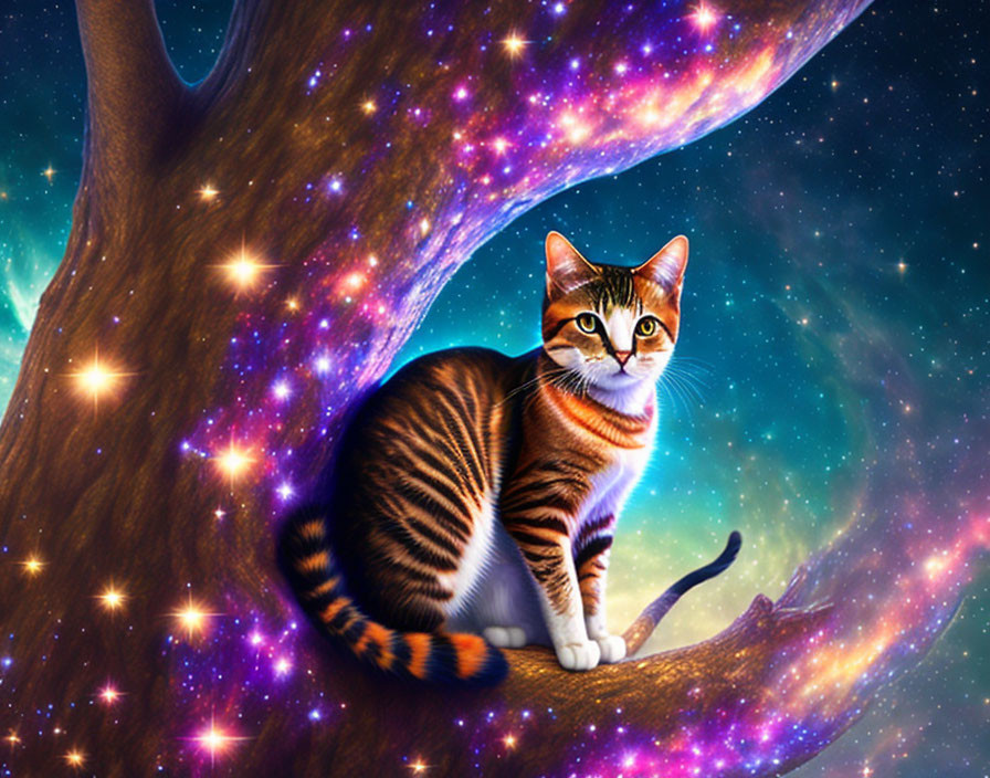 Tabby Cat Sitting on Tree Branch Against Cosmic Backdrop