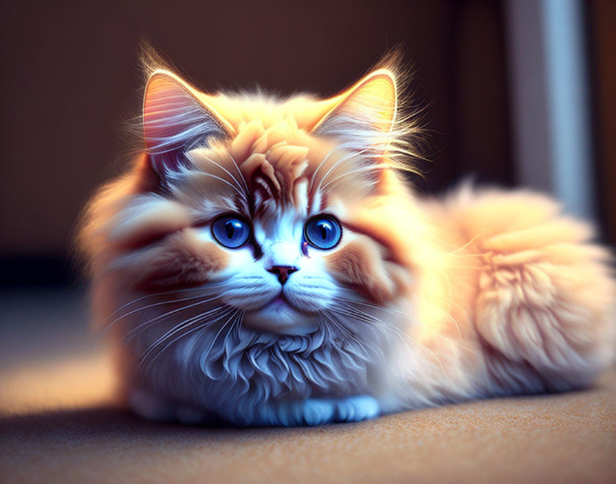 Blue-eyed long-haired cat with white and tan fur resting on the floor