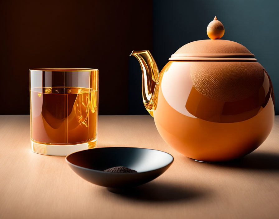 Golden-brown teapot, transparent cup, and black saucer on table with dual-tone background