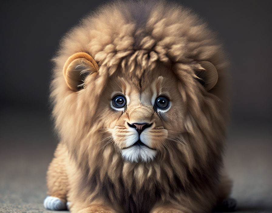 Realistic plush toy lion with big blue eyes and detailed mane.