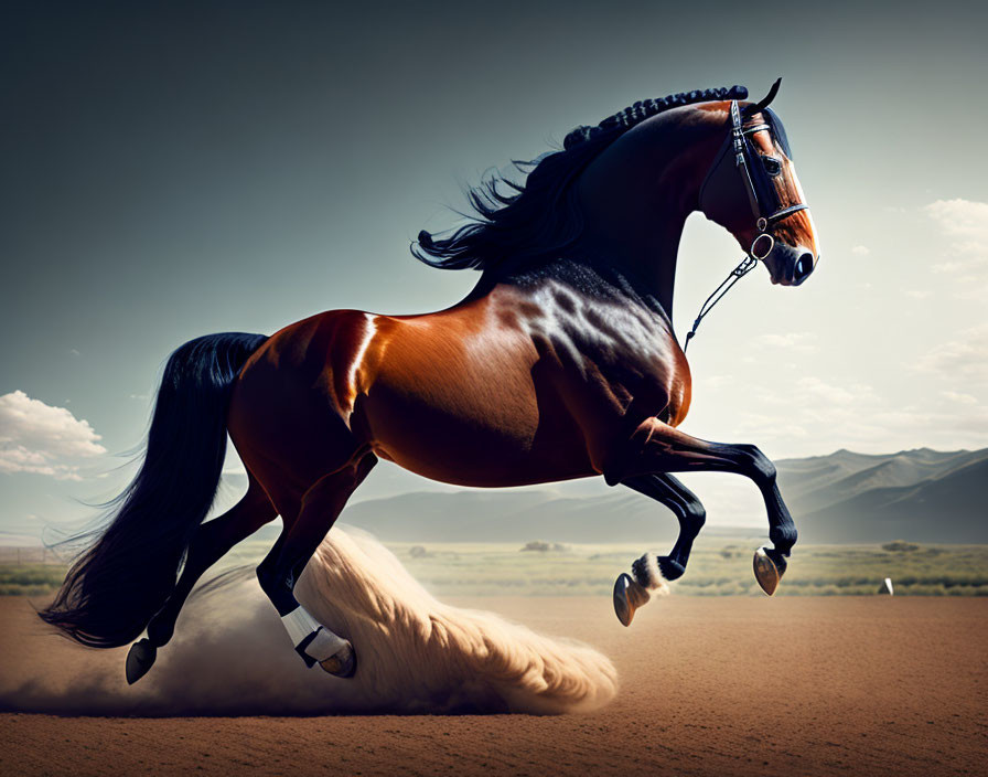 Majestic brown horse galloping on dusty plain under dramatic sky