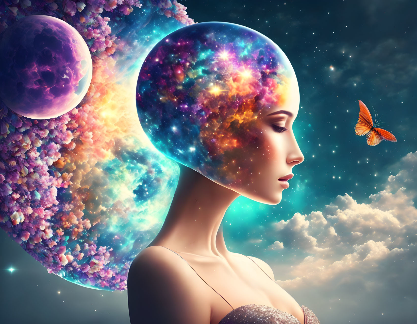 Surreal woman with galaxy head, butterfly, planets, and florals