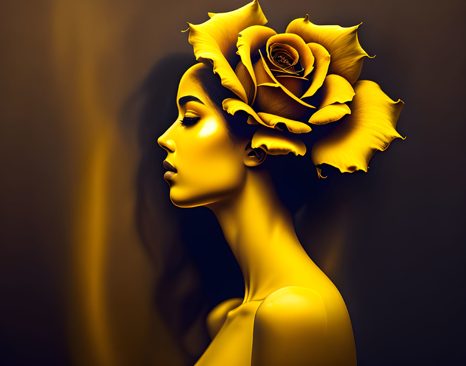 Golden-skinned person with yellow rose on head in profile view against dark backdrop