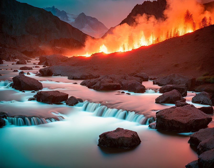 Tranquil river flowing through rocky terrain with forest fire in background