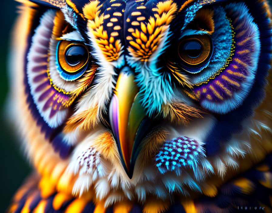 Colorful Owl Portrait with Vibrant Blue, Orange, and Yellow Feathers