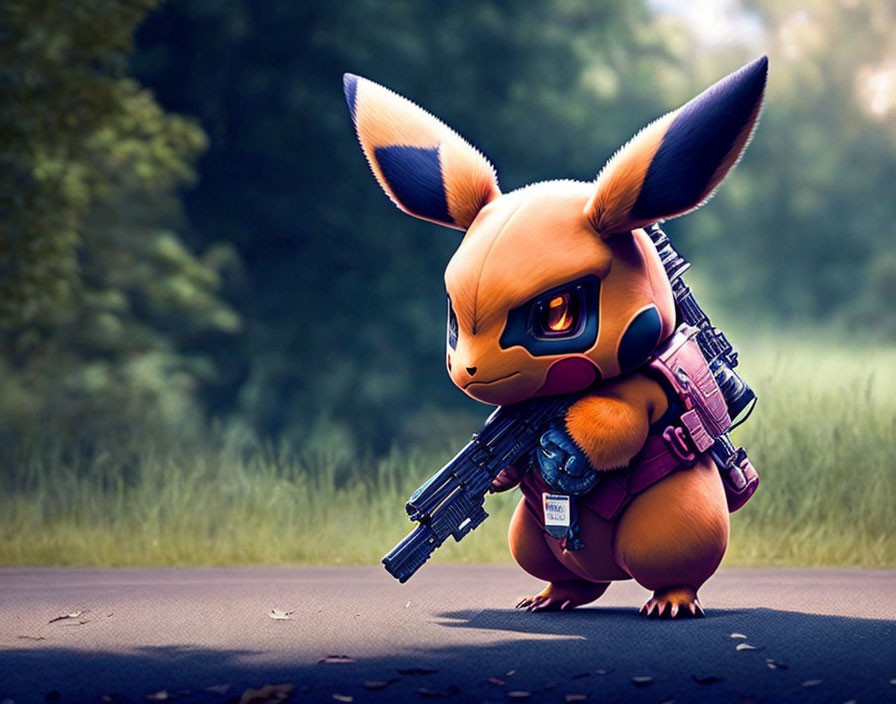 Fierce creature resembling Eevee with gun and tactical vest on lush green road