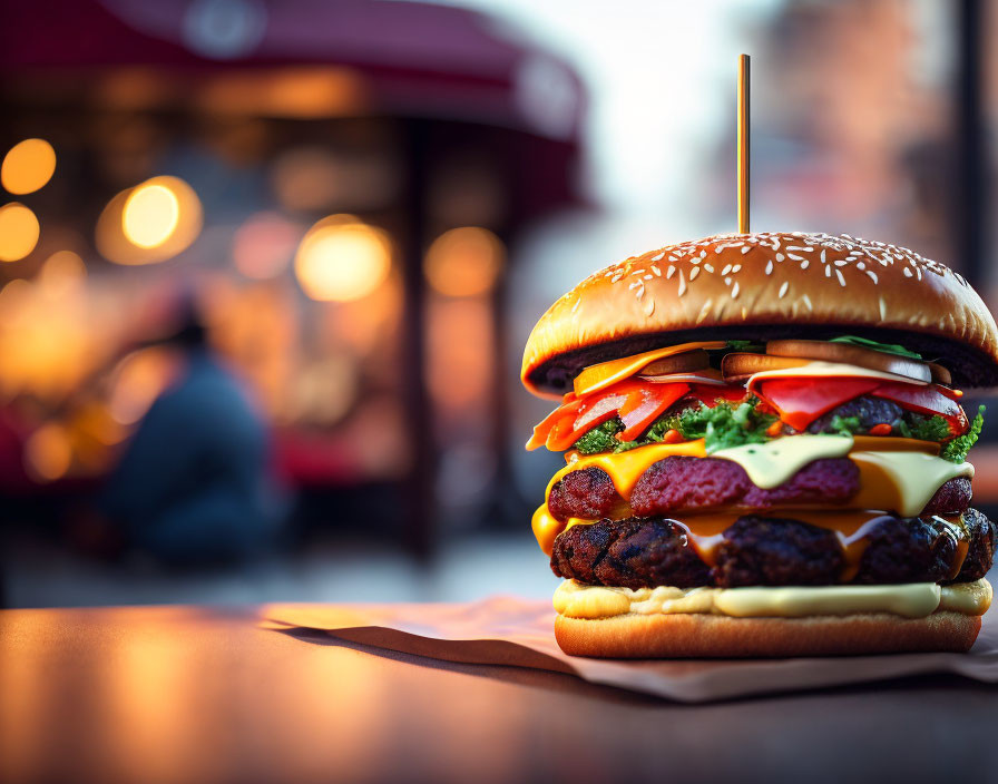 Double Cheeseburger with Lettuce, Tomato, Cheese on Sesame Bun, Bokeh Background Outdoor