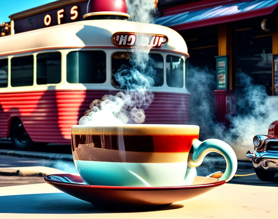 Steaming Oversized Coffee Cup with Vintage Tram and Car Background