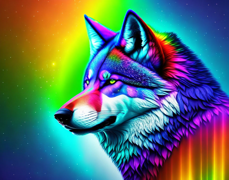 Colorful neon wolf art in cosmic starry backdrop