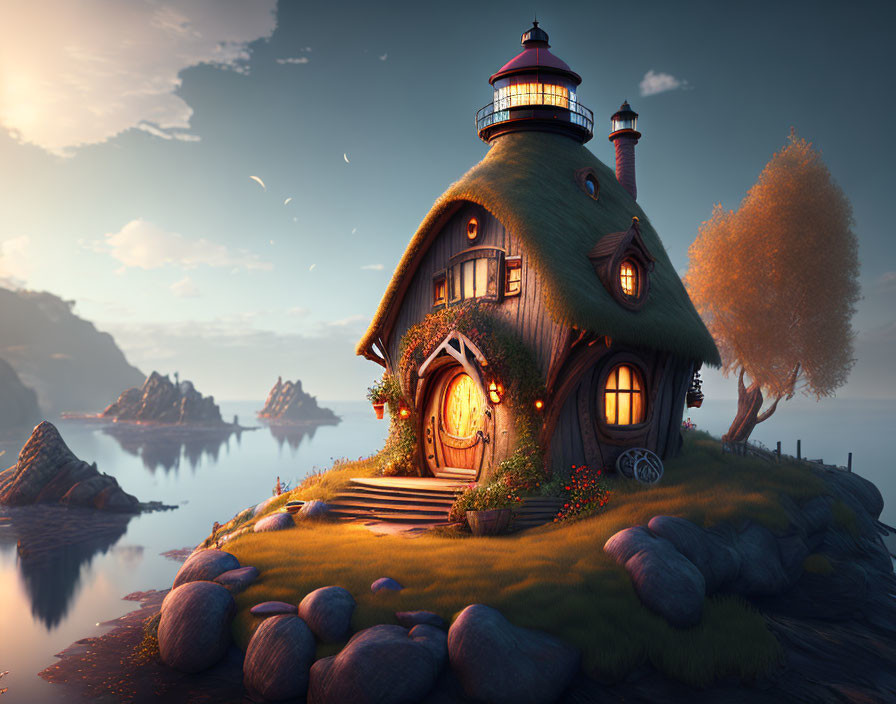 Thatched Roof Fantasy Lighthouse Cottage by Tranquil Sea at Sunset