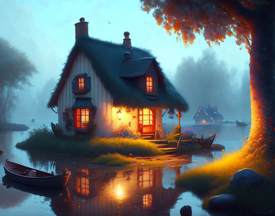 Tranquil dusk scene: cottage by lake with glowing windows, lush trees, and boat