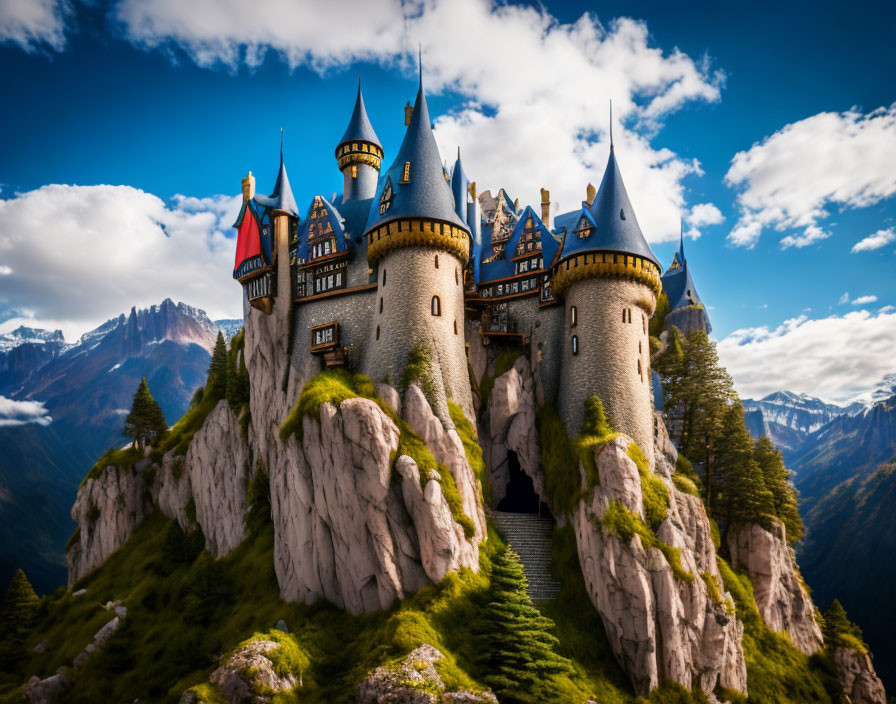 Majestic castle with spires on cliff in lush mountain scenery