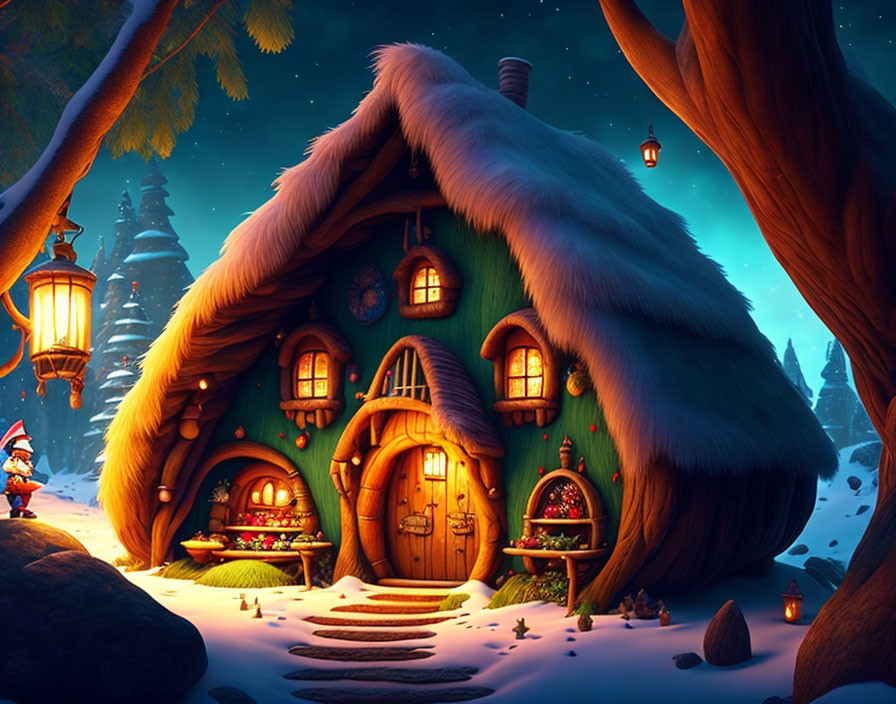 Cozy mushroom-shaped fantasy cottage at night with snow and warm light