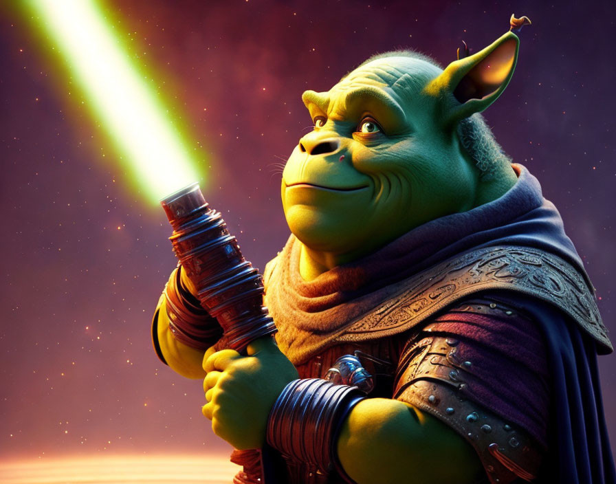 Fantasy Sci-Fi Fusion: Animated Ogre in Medieval Armor with Lightsaber